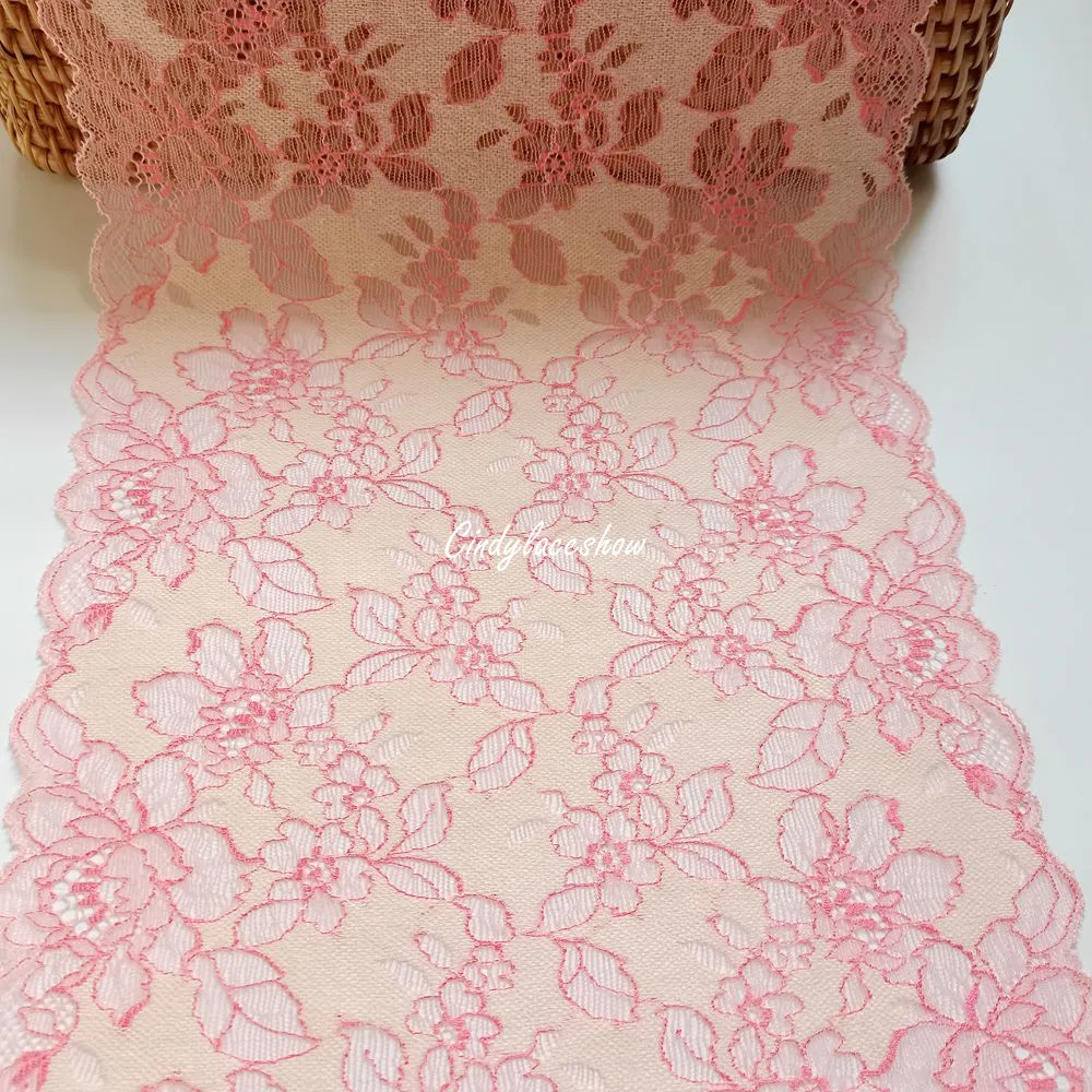 2Yards 23CM Width Pink Floral Embroidered Stretch Elastic Lace Trim For Bra Sewing Clothes Lingerie Dress Swimwear Trimmings DIY