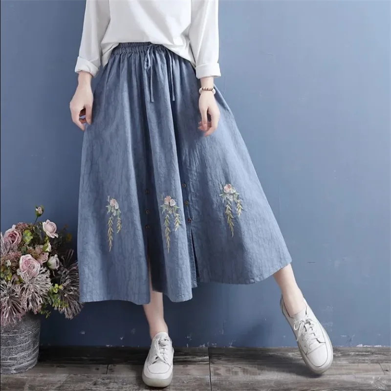 

Embroidery Skirts For Women Cotton Dress Numb Buckle Split Woman Skirt Drawstring Waist Collection Skirt Chinese Retro Art Skirt