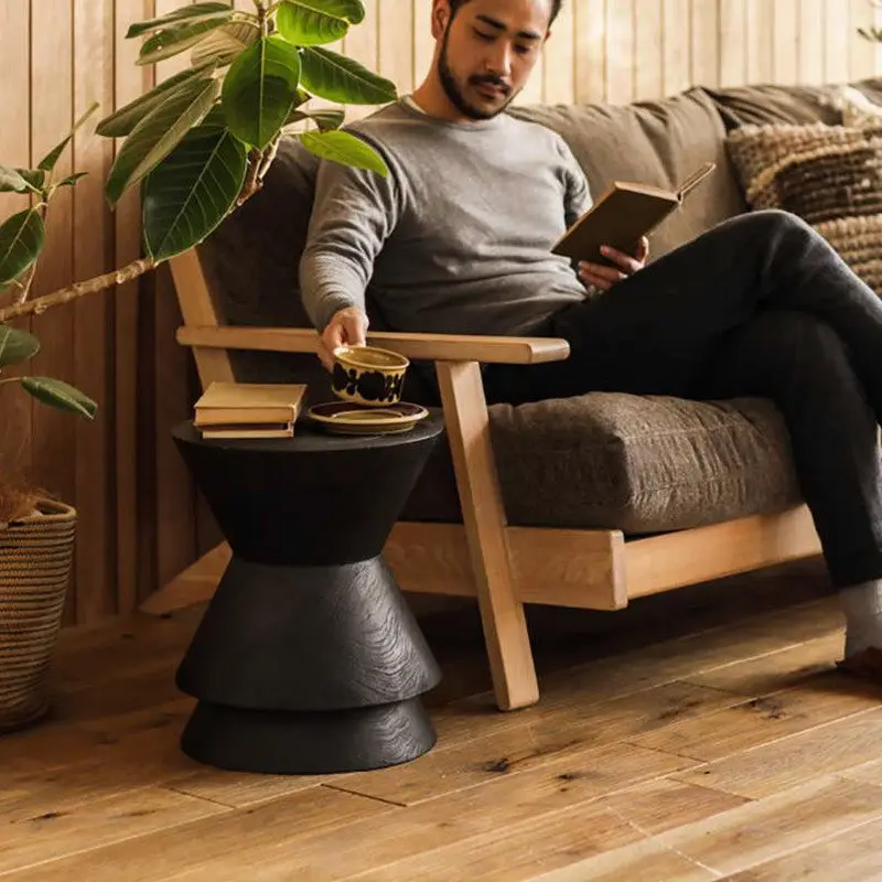 Solid Wood Coffee Table,Round Log Side Table for Living Room,Creative Charred Wood Stool, Industrial Style End Table for Bedroom