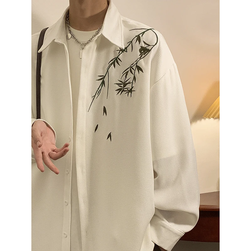 

Новая мужская рубашка в китайском стиле с длинным рукавом, вышивкой бамбуком и кубинским воротником, молодежная, популярная, свободного кроя, осенняя одежда