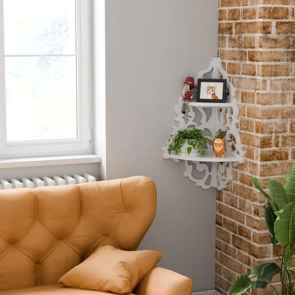 Prateleiras de parede de canto branco vintage de 2 camadas, prateleiras suspensas de design recortado para parede, prateleira de exibição redonda de madeira, dec caprichoso