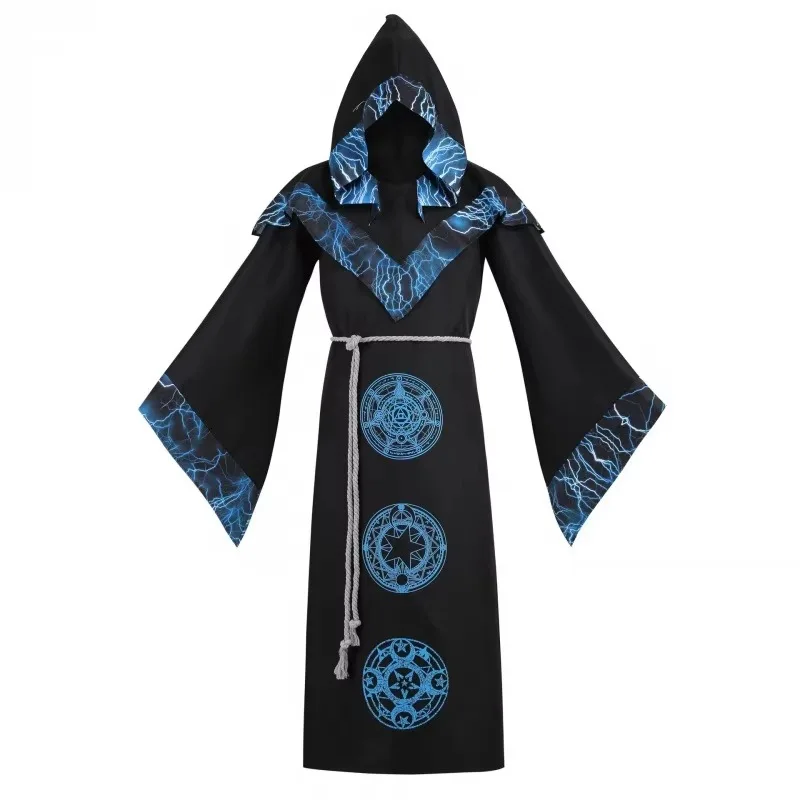 

Men Medieval Hooded Cloak Gold Printed Pagan Sorcerer Witch Wizard Cosplay Costume Halloween Carnival Party Gothic Robe Outfits