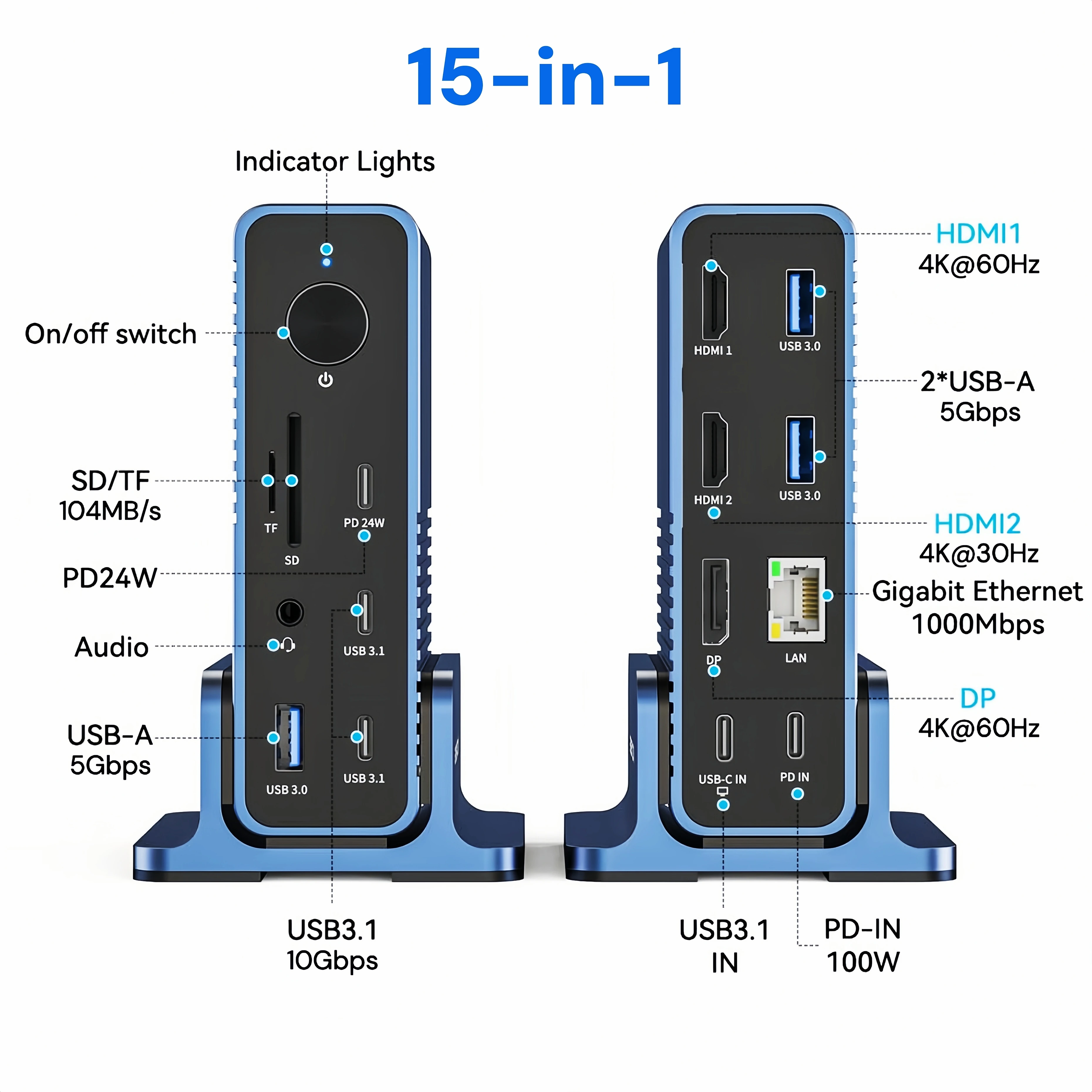 USB C Docking Station 15 in 1 Hub Dual HDMI DisplayPort 4K 60Hz LAN Triple Display 10Gbps 100W PD Audio Card Reader for Laptop