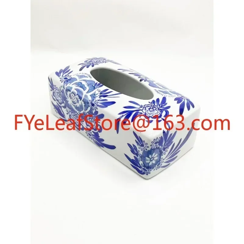 utility New Chinese Blue and White Porcelain Ceramic Tissue Box Decoration Retro Furnishings Living Room Home Coffee Table.