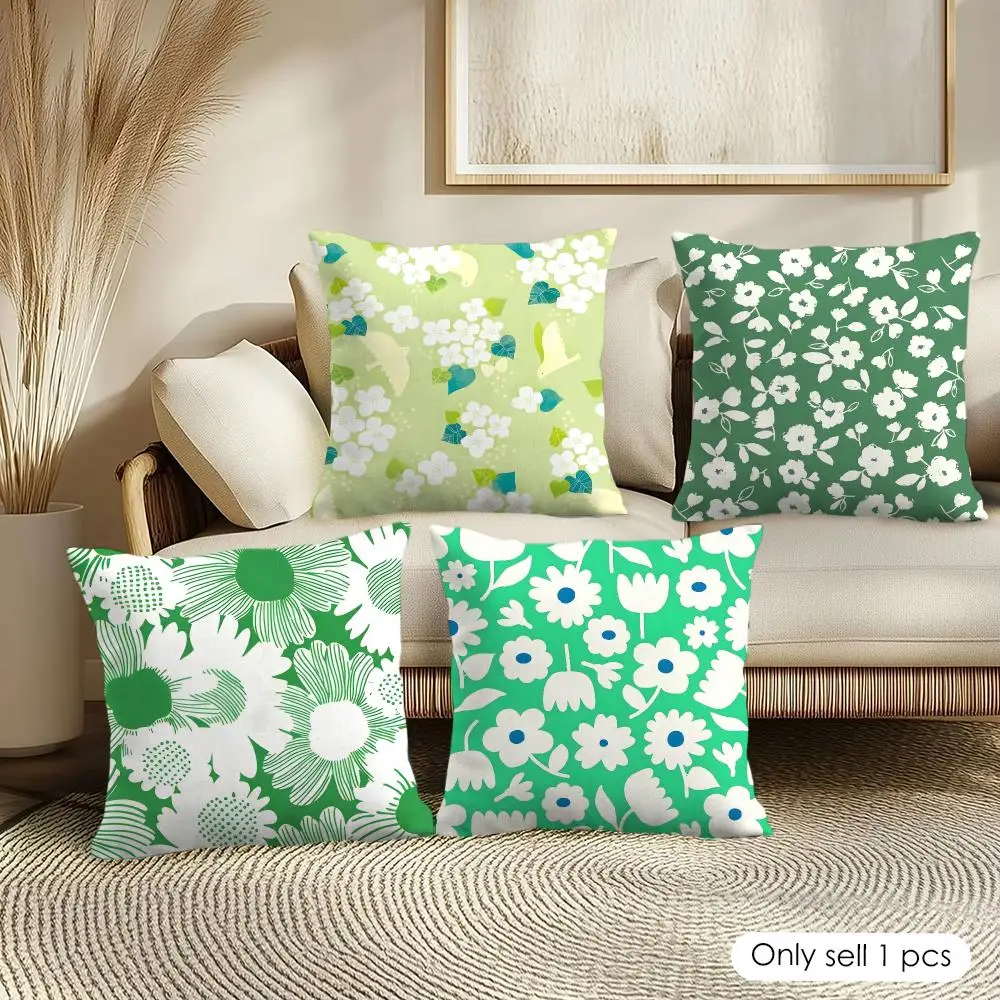 Fresh Green Floral Design Cushion Cover Soft Short Plush Pillow Cover Smooth Cozy Texture Aesthetic Cushion Case Home Decor