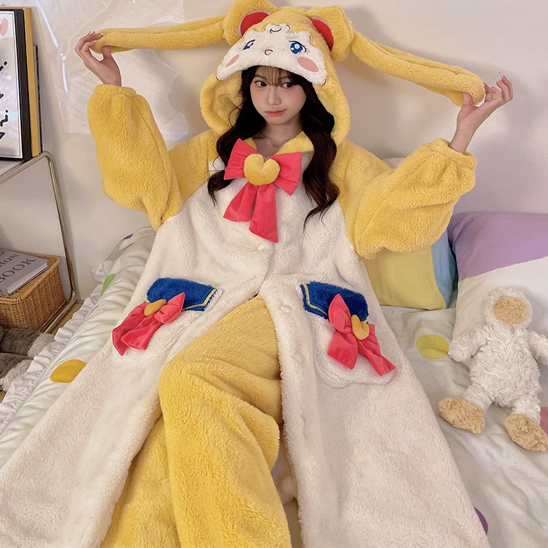 Anime Tsukino Usagi Cosplay Adult Unisex Velvet Plush Pajamas Cute Bodysuit Robe Pants Household Clothes Christmas Outfits