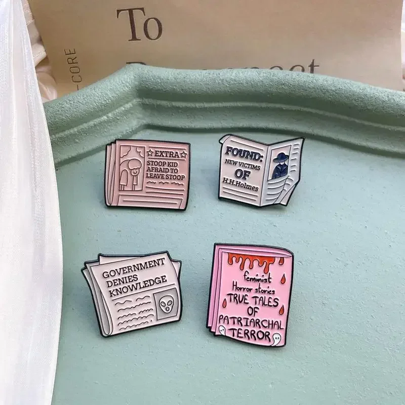 Vintage Newspaper Enamel Brooch Geometric Horror Ghost Lost Found Breaking News Lapel Badge Pins Friends Jewelry For Women Men