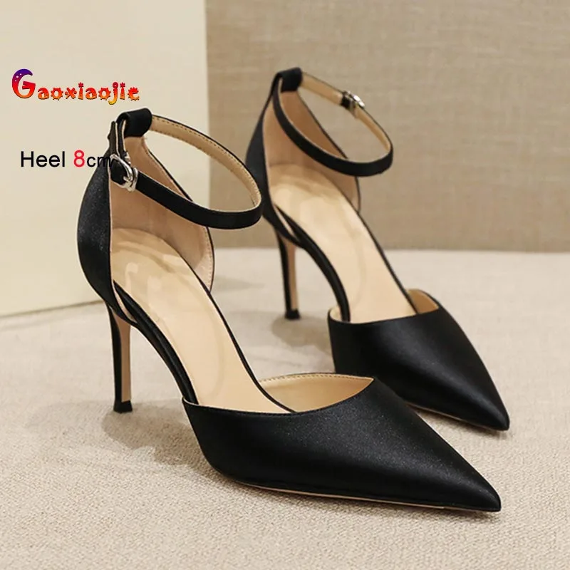 

Fashion High Heels Women Sandals Pointy Toe Satin Hollow Ankle Strap Single Shoes Sexy Stiletto Shallow Mouth Daily Party Shoes