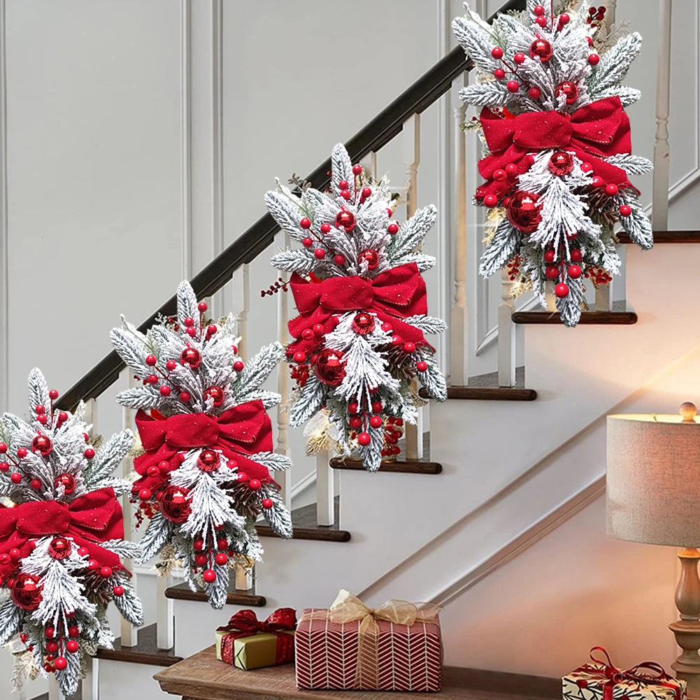 Door Stairs Wreath Christmas Wreath Hanging Pendants Artificial Flowers Stairway Swag Trim Garland Christmas Decorations 2024