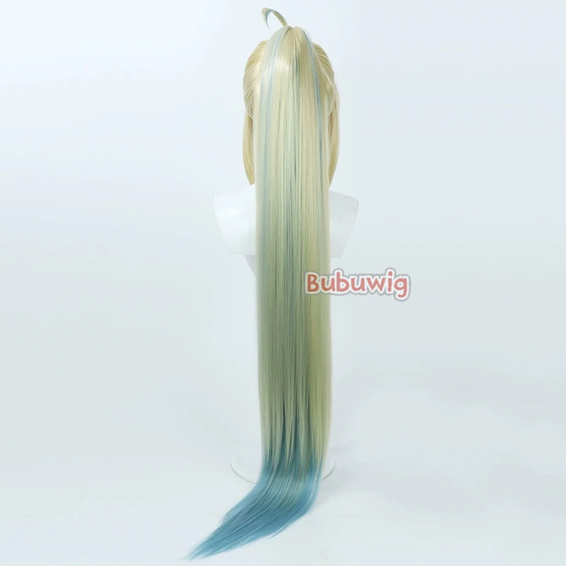 Bubuultraviolet Aesc the Savior Cosplay Perruques, Game FGO Aesc the Savior Perruque Queue de Cheval Bleue Mixte Blonde, Degré de Chaleur, Cheveux Synthétiques, 120cm