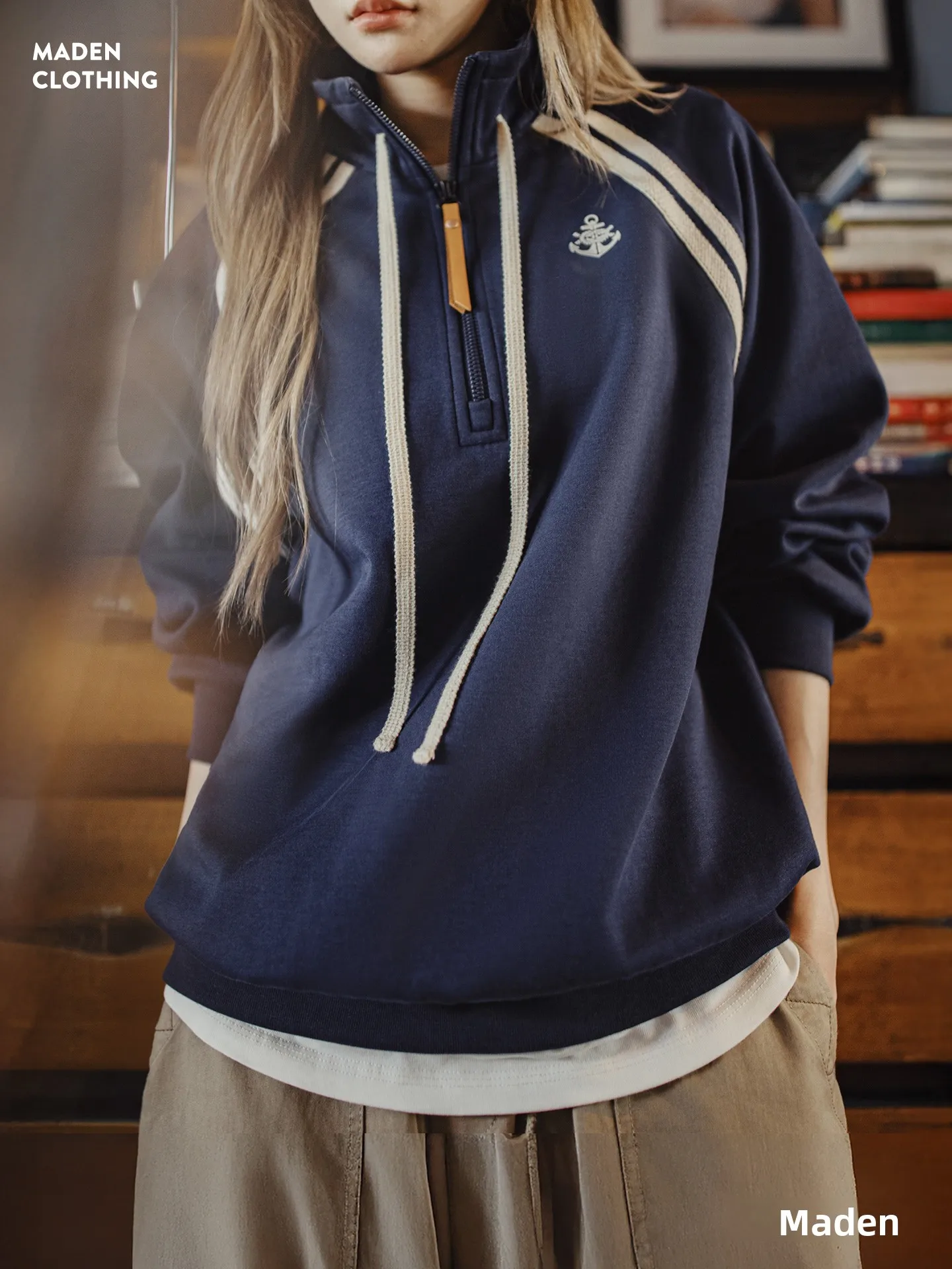 

Maden American Retro College Sle k Blue f Zip High Collar Long Sve Hoodl Sweatirt Women Spring Straight Cut C...