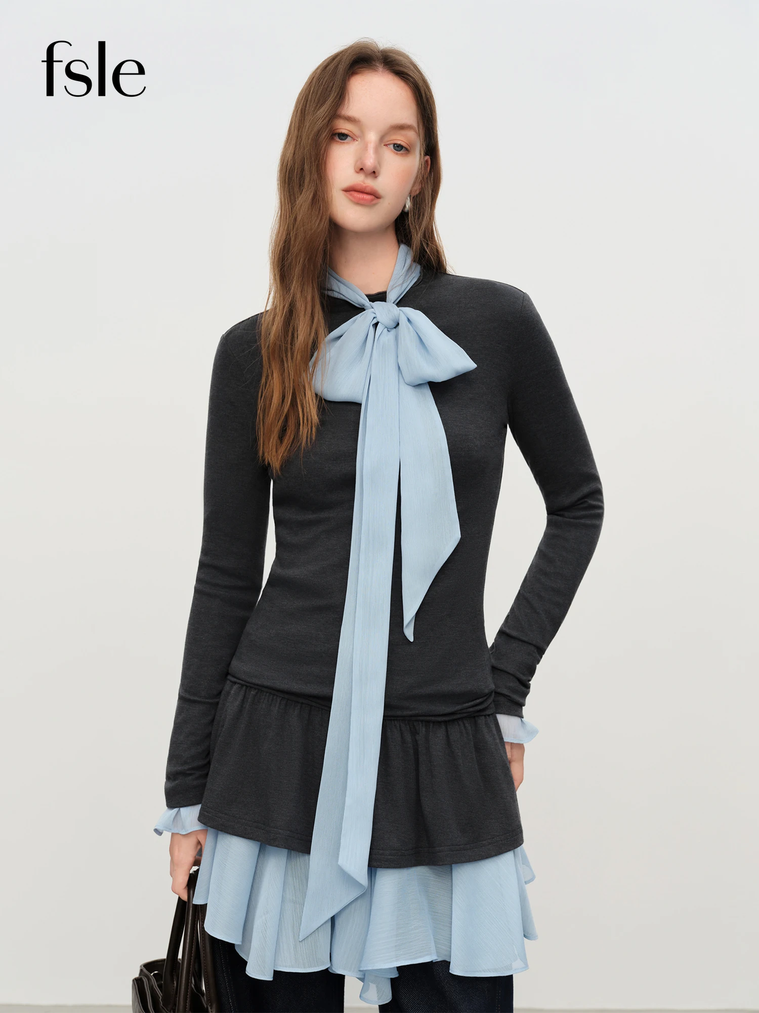 

FSLE Korean Ballet Style Ruffled T-shirt Women's 2025 Autumn and Winter Chiffon Ribbon Shirt Layered Two-piece Suit