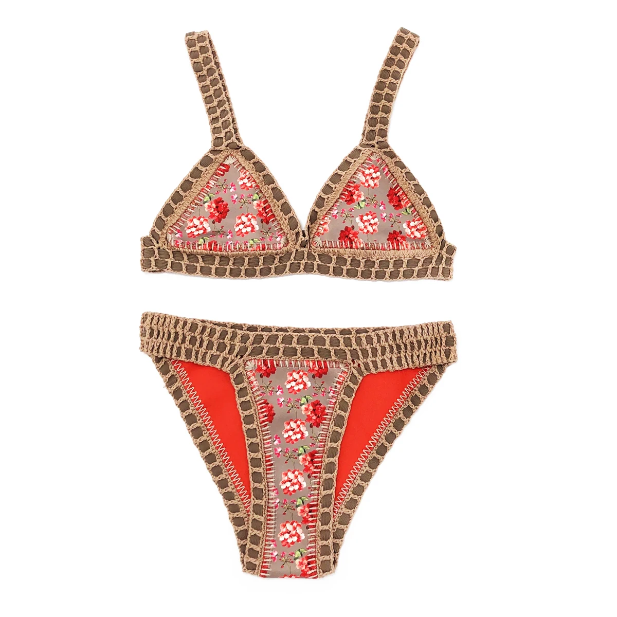 

Women Crochet Bikini Set Sexy Reversible Printed Swimsuit Knited Flower Swimwear Brown String Beachwear