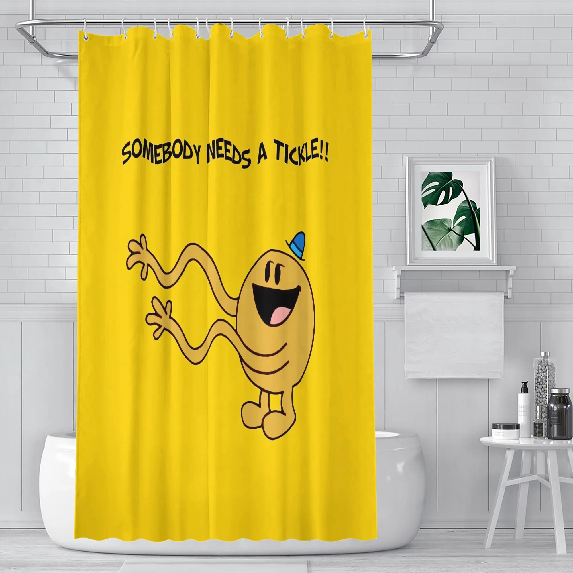 

Bright Yellow Shower Curtain with Playful Character – “Somebody Needs a Tickle!” Text, Polyester, 12 Hooks, Wipeable, 72×72"