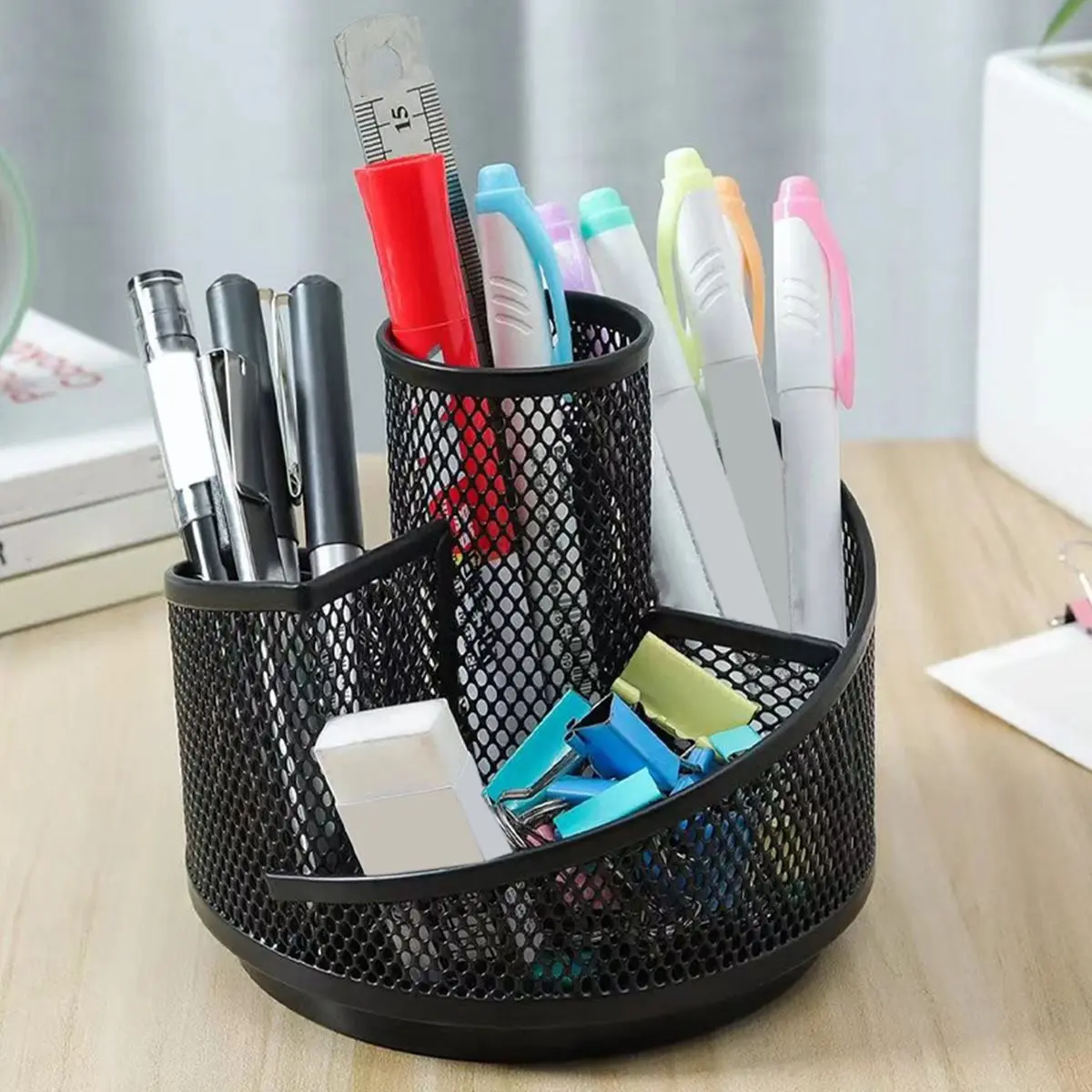 1pc suporte de caneta rotativa desktop caixa de armazenamento multifuncional mesh360 graus rotação livre caneta titular material de escritório