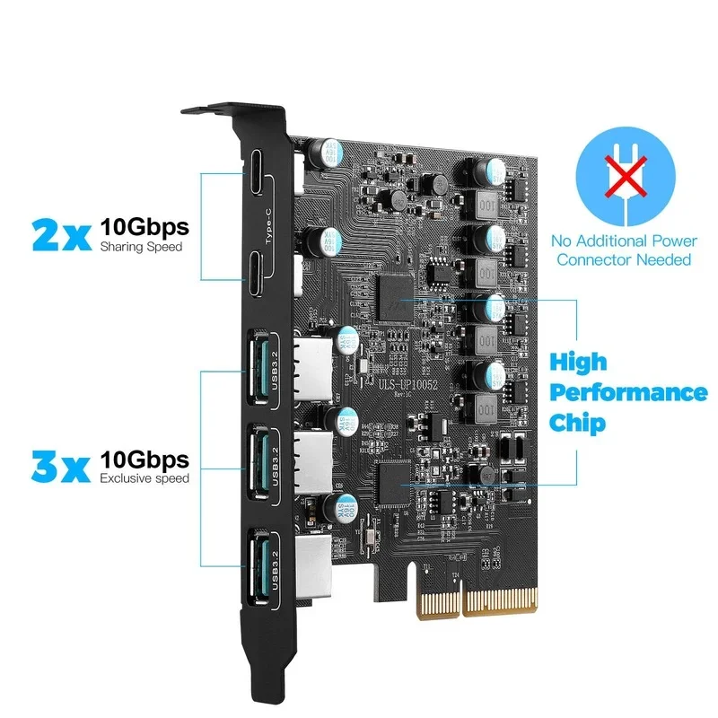 NEW-PCIe To USB 3.2 Gen 2 Card with 20Gbps Bandwidth 5-Port (3X USB-A -2X USB-C) Converter PCIE Splitter for Windows 10/8