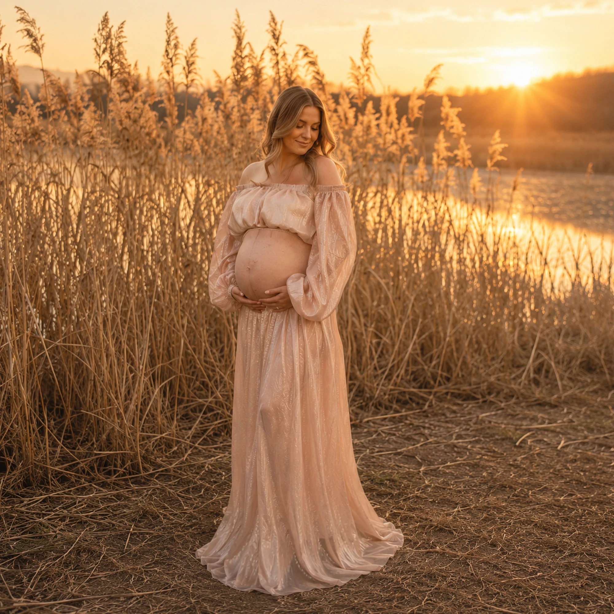Don&Judy Off-Shoulder Long Sleeve Shiny Chiffon Two-Piece Set Flowy Maternity or Non-maternity Evening Gown for Dress Photoshoot