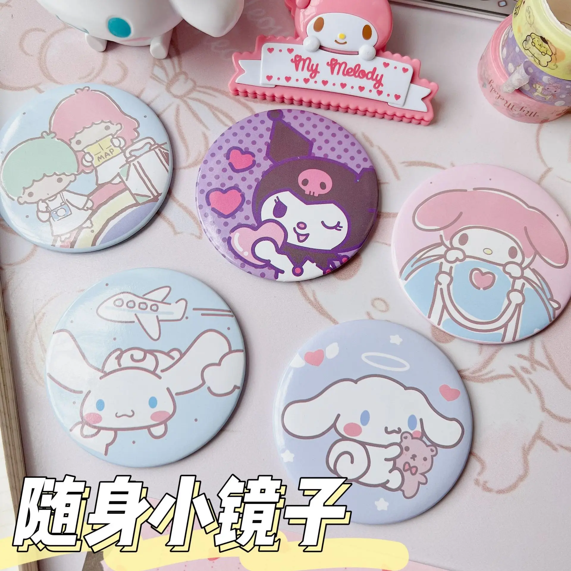 Sanrio Portable Small Mirror Kawaii Anime Kuromi Mymelody Twin Stars Mirror Peripherals Cinnamoroll Makeup Mirror Student Gift