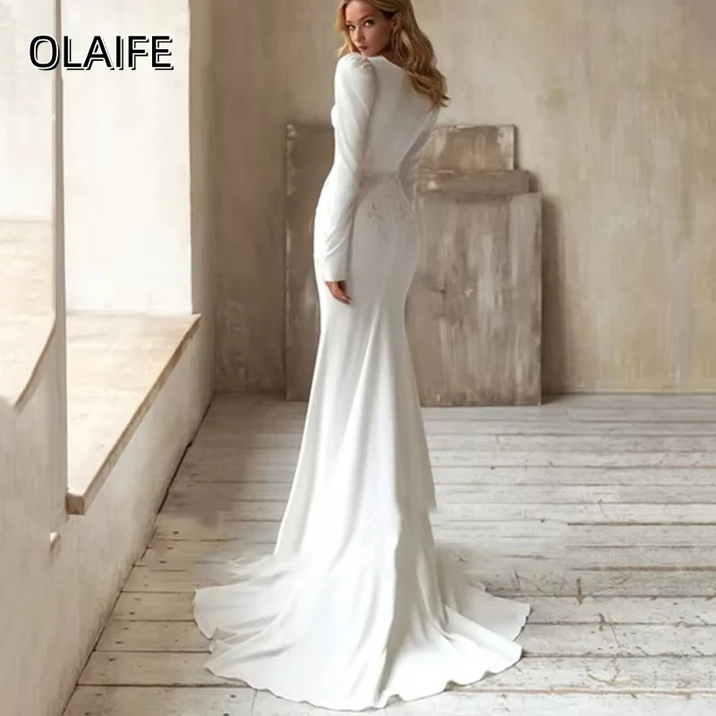 Olaife Elegant Wedding Dresses Sexy Deep V-Neck Bridal Gowns Long Puff Sleeves Formal Satin Robes Luxury Vestidos De Novia