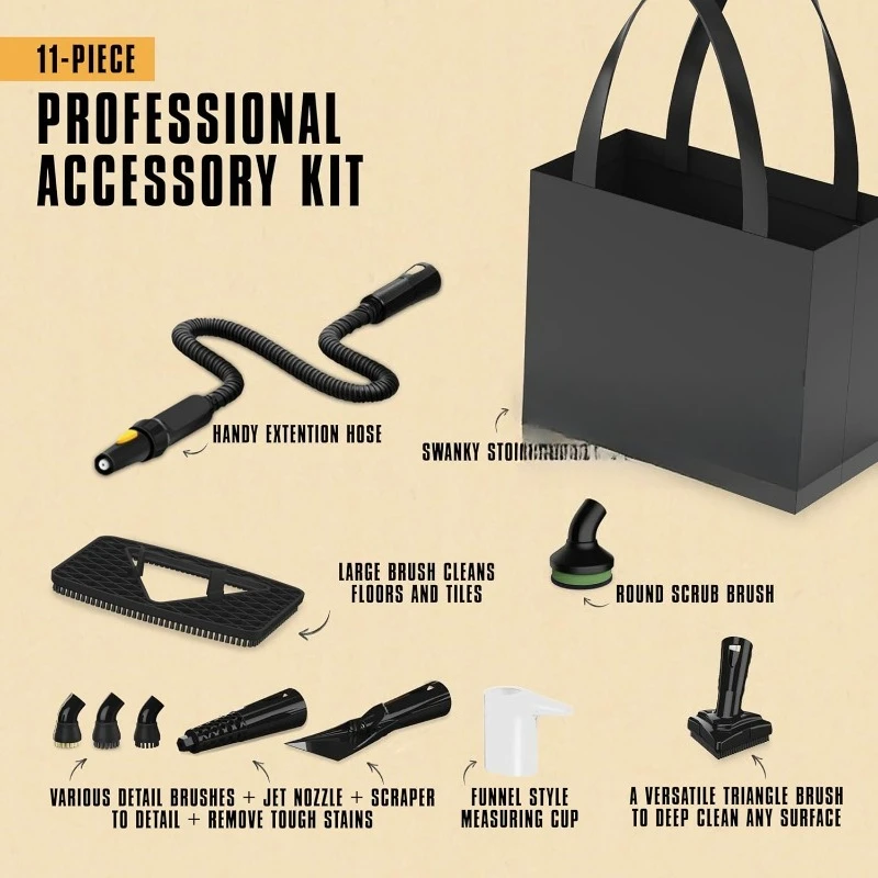 Limpiador a vapor portátil MC1230, tiempo de eje de 10 minutos, 11 accesorios: boquilla de chorro, cepillos y más, construido para el hogar, azulejos