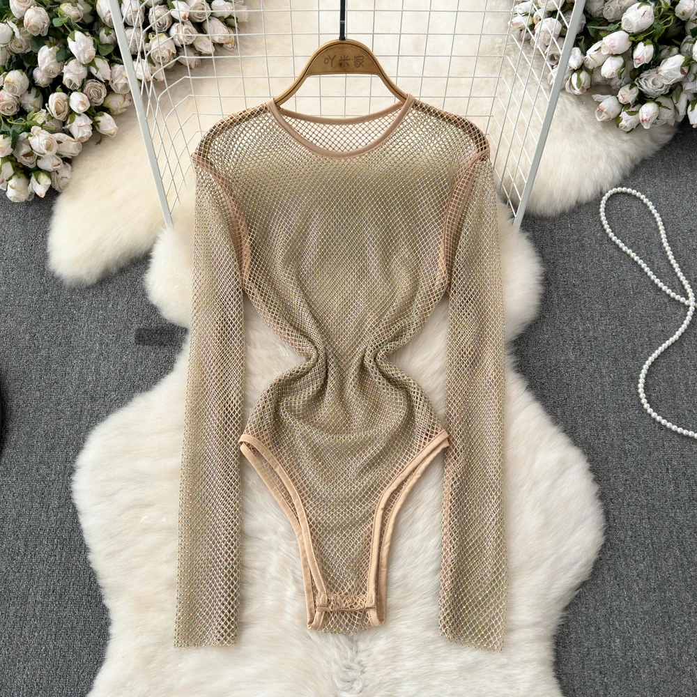 Fashionable See-through Hollow Shiny Bottoming Jumpsuit Temperament Slim Rhinestone Round Neck Long-sleeved Top Trendy