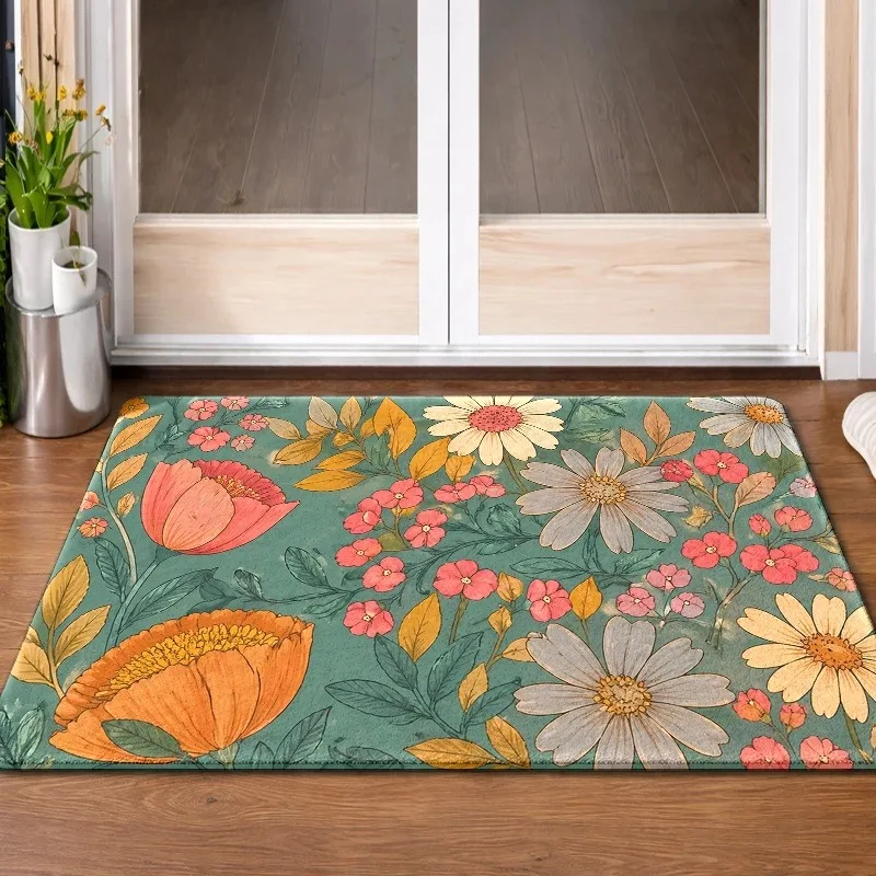 Vintage Chinese Lotus Doormat White Blossom Green Leaf Water Pattern Floor Rug Aesthetic Garden Decor Mat for House Entryway