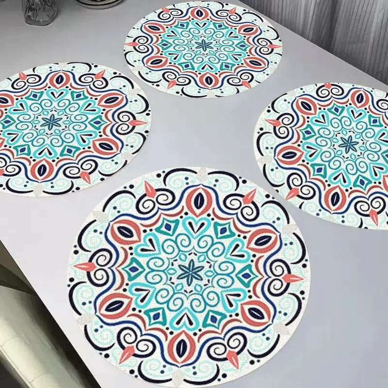 VIKAMA Chinese Blue White Porcelain Flower Round Linen Table Mats, Heat Resistant Washable Home Decor