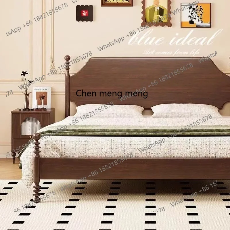 

E153 Кровать из массива дерева в стиле ретро, современная простая двуспальная кровать в скандинавском стиле для главной спальни с местом для хранения вещей.