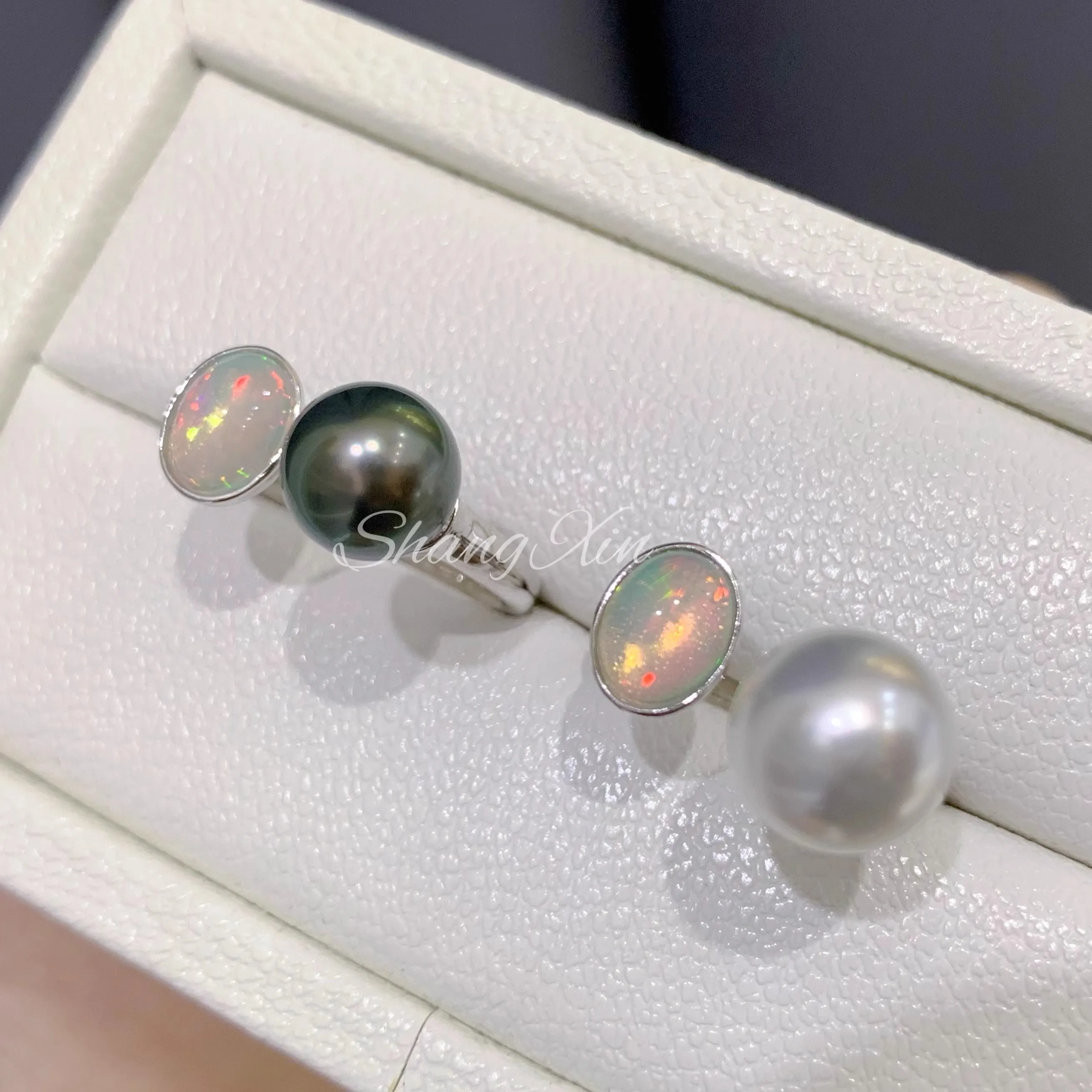 MeiBaPJ 9-10mm Natural Round Freshwater Pearl Fashion Opal Ring 925 Sterling Silver Fine Wedding Jewelry for Women