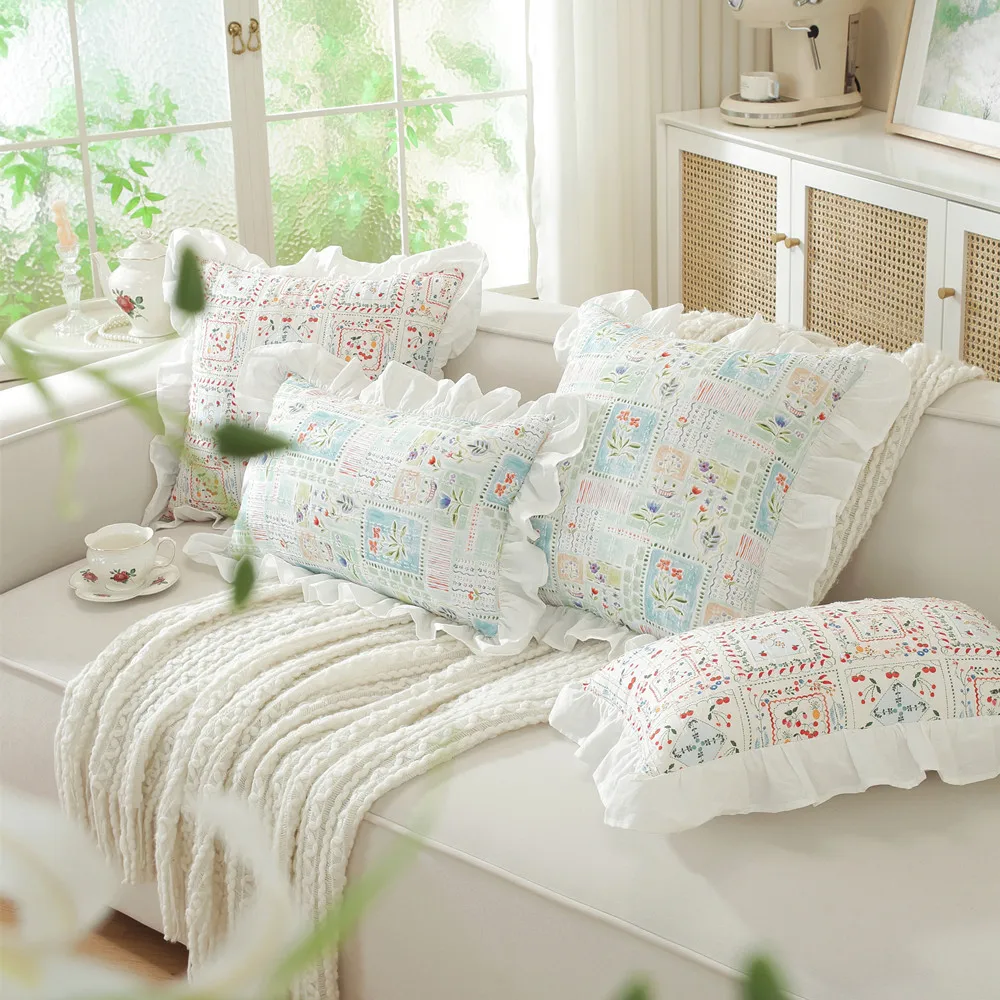 French Cotton Pillow Cover Cojines Ruffled Printed Decoration Sofa Throw Pillowcase Headboard Cushion Covers 30x50/45x45cm