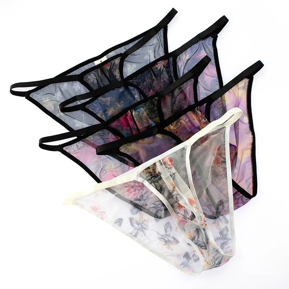 

Underwear Mens Print Thin Japanese Panties Lingeries Mesh Translucent Briefs Pouch Quick Drying Underpants See Through T-Back