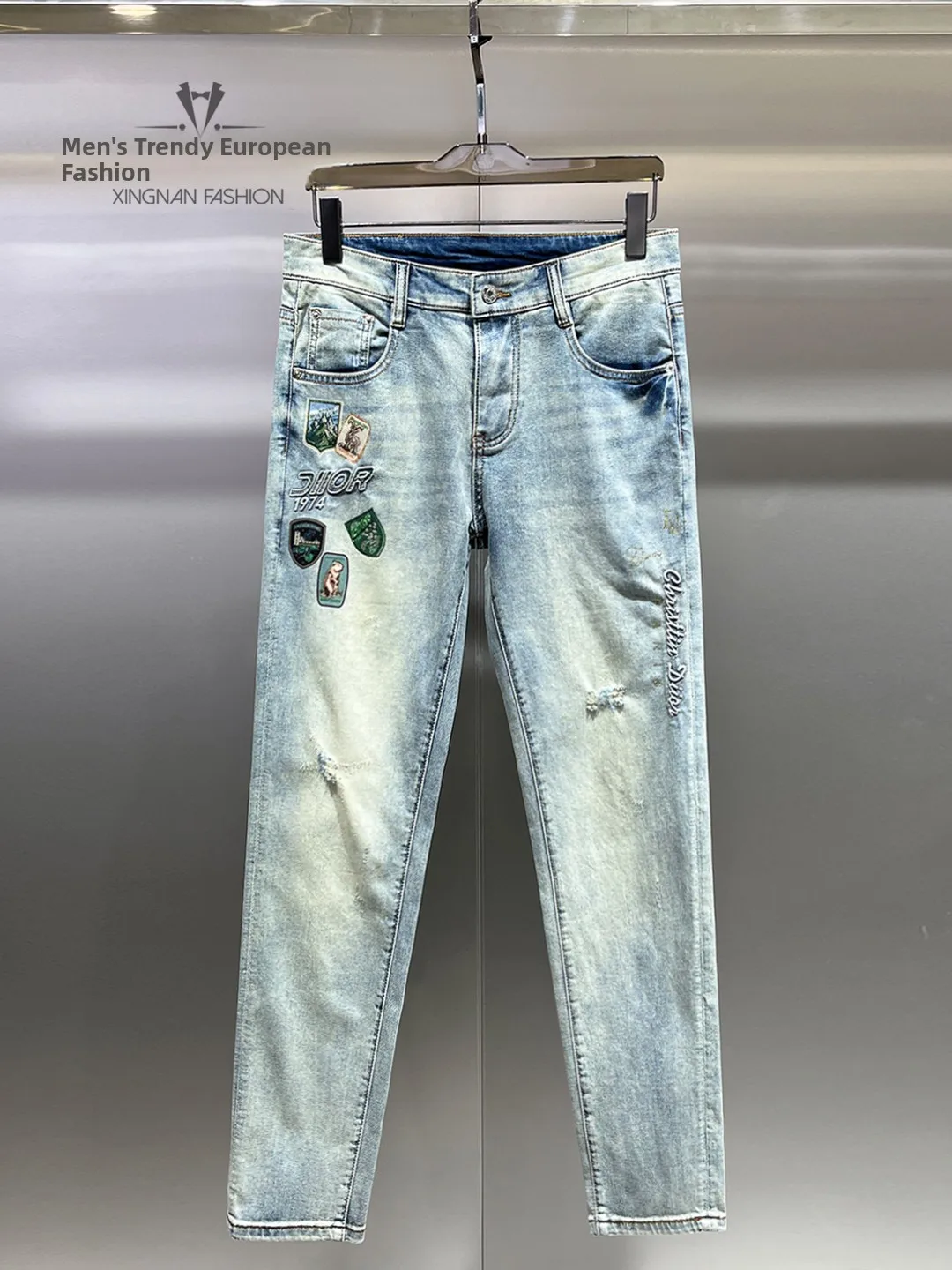 

Spring 2026 Men's Slim Fit Jeans Distred Printed Waed European Sle Faionable Cuffed Long Trousers Comfortable Breath...