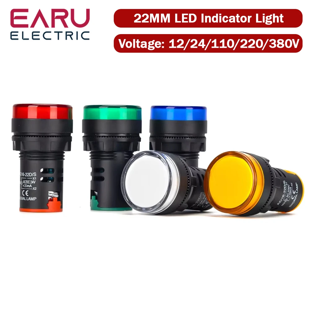 EARU 22MM Panel LED Power Electronic Indicator Pilot Signal Light Lamp AC DC 12V 24V 110V 220V 380V Red Green Yellow Blue White