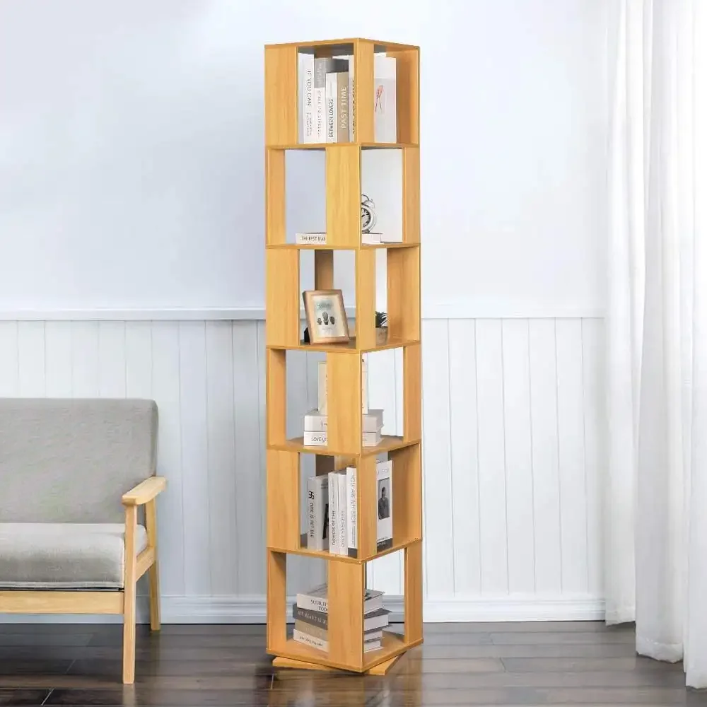 

6 Shelf Bookcase Open Storage Swivel Bookcase Revolving Bookshelf 360° Rotating Wood Bookshelves Free Standing Book Shelf