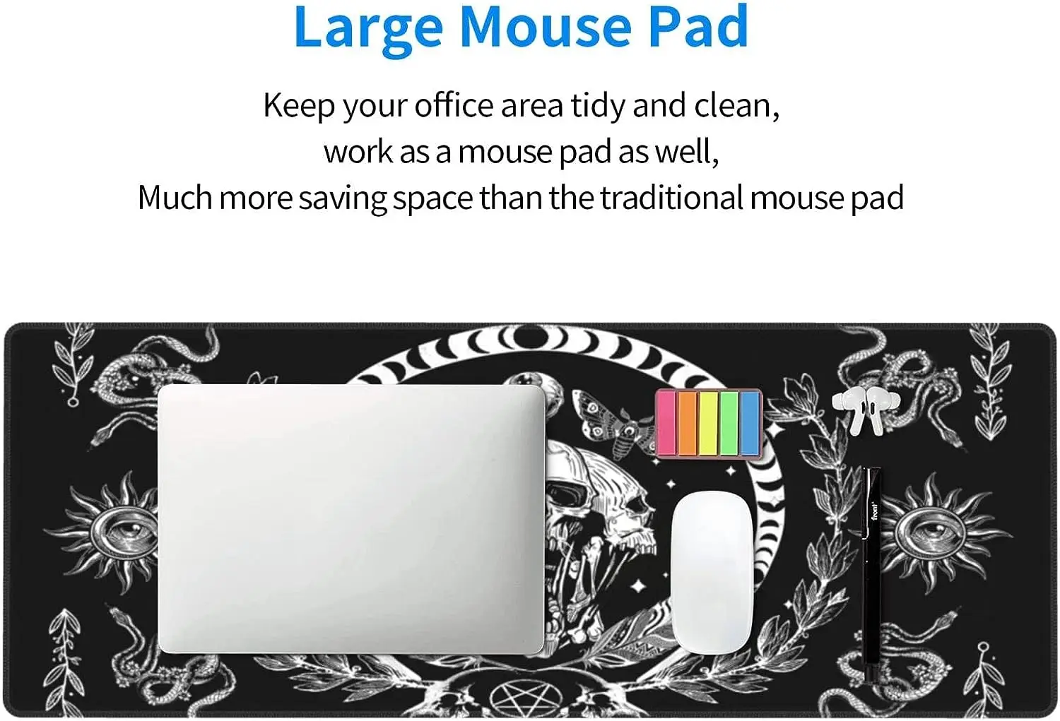 Mouse pad de borracha antiderrapante com design de crânio, lua e lua, tamanho 31.5x11.8 polegadas, impermeável, para escritório