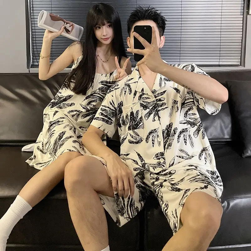 Couple pajamas summer short-sleeved thin section cute men and women short-sleeved shorts suspenders summer homewear suit