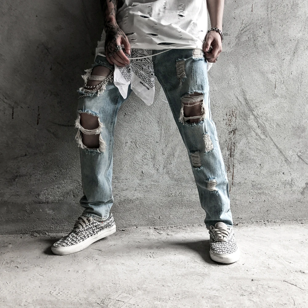 Summer high street big ripped jeans men's high street beggars trend retro wash to do old light colored slim small feet pants