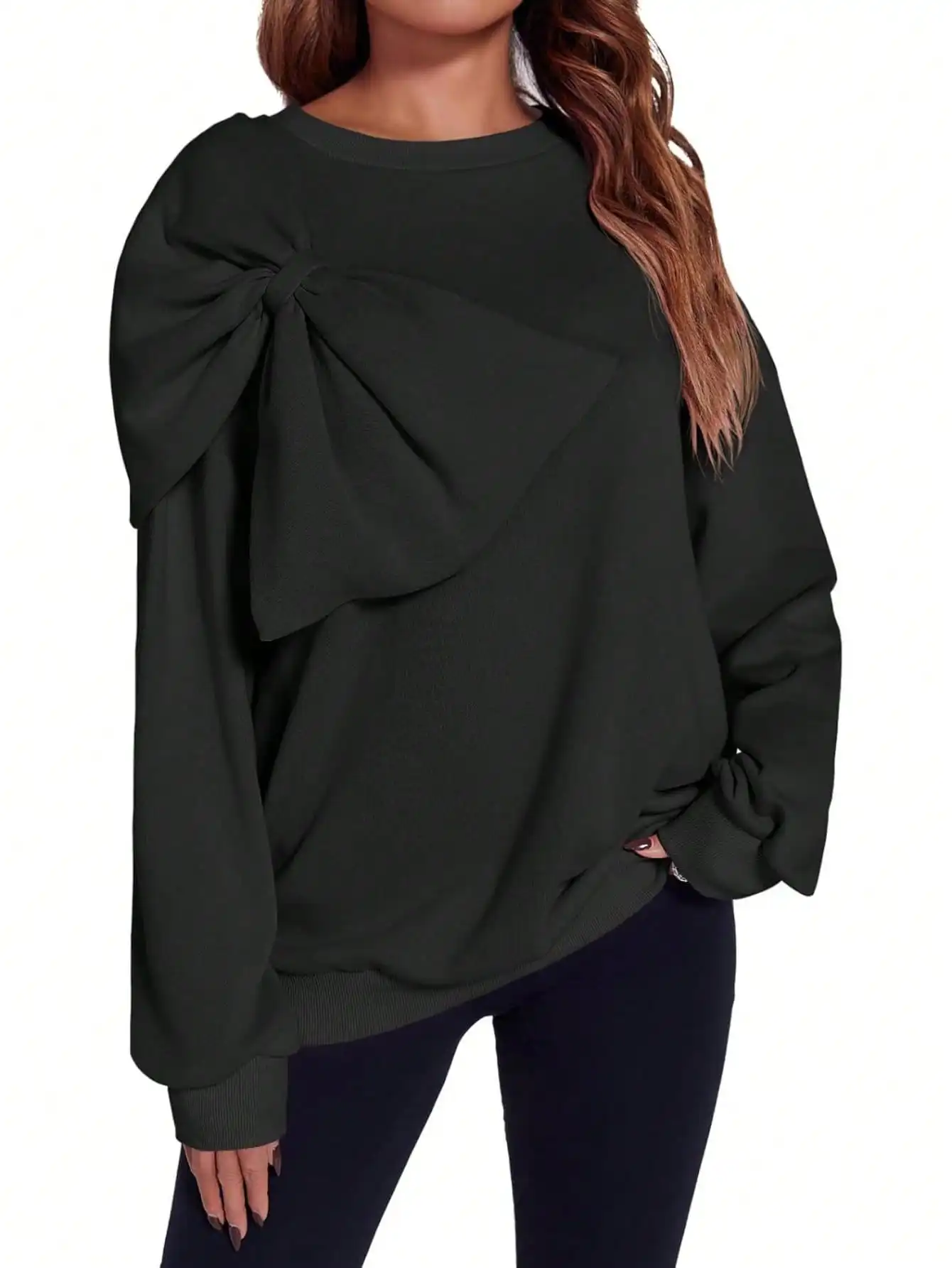 

Preppy Style Oversized Sweatshirt with Bow Tie Women Fall Vintage Crewneck Pullover Top Long Sleeve Blouse