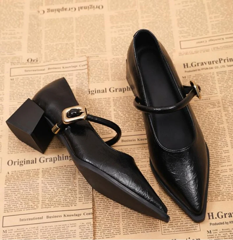 

2026 Premium Leather Mary Janes Vintage Pointed Toe Pumps Chunky Heel Single Strap Shoes Buckle Decor