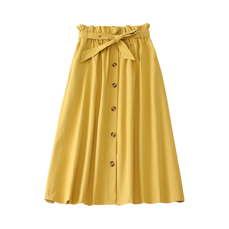 Summer Autumn Skirts Womens Midi Knee Length Korean Elegant Button High Waist Skirt Female Pleated School Skirt