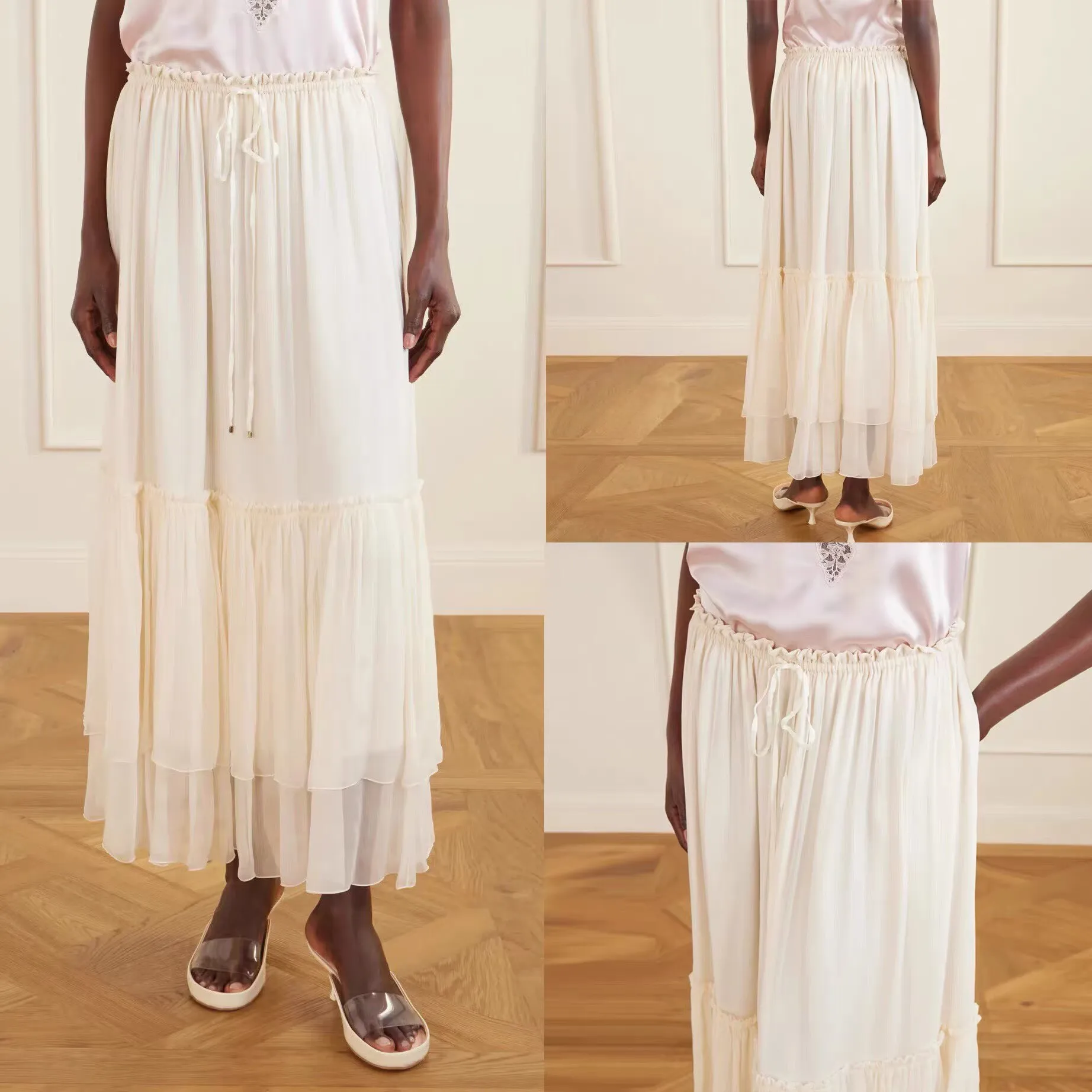

2026 New French Style Clothes Fashion Lace-up Elastic Waist Big Swing Long Skirt Women's 100% Silk Romantic Ruffles Skirts