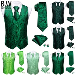 Barry.Wang-Conjunto de colete de seda sem mangas masculino, colete, jaqueta sem mangas, abotoaduras, verde-oliva, verde-manjericão, casamento, negócios