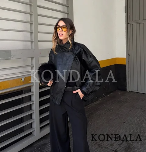 Imagen 2 del producto Chaqueta de cuero con cuello levantado para mujer, chaqueta de piloto con cremallera de PU de imitación, abrigo informal a la moda, prendas de vestir, chaqueta para mujer 2025