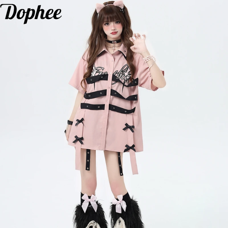 

Dophee Original Japan Style Subculture Summer Women Short Sleeve Cardigans Coat Spice Girls Y2k Ribbon Bow Pink Shirts Cute Top