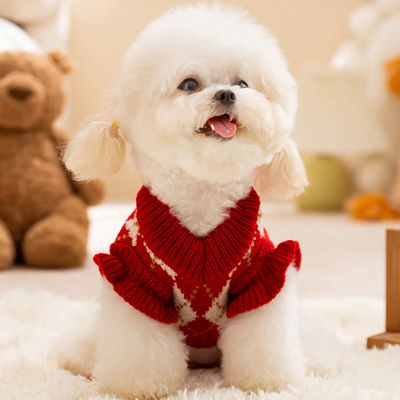 Winter Dog Sweater Fashion Plaid Dog Clothes Warm Soft Puppy Knitted Sweater Cherry Print Cat Pullovers Chihuahua Pet Clothes