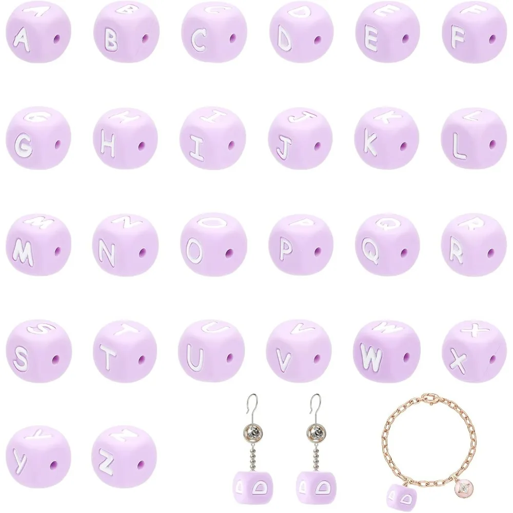 26Pcs 26 Letters Silicone Beads Purple Silicone Beads Cube DIY Silicone Beads Bulk for Earring Necklace Jewelry