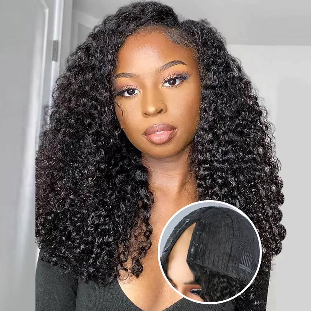 Kinky Curly V Part Wig Human Hair 250 Density Afro Kinky Curly V Part Wigs No Leave Out Glueless For Black Women No Glue Clip In Half Wig