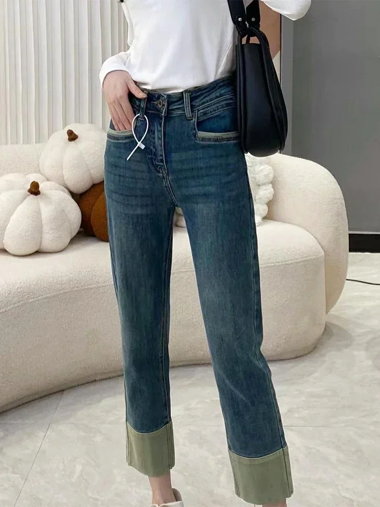 Y2k Women's Jeans Plus Size Straight Jeans Women's Fat Mm Autumn New High-waisted Slim Cropped Pipe Pants Pear-shaped Body Pants