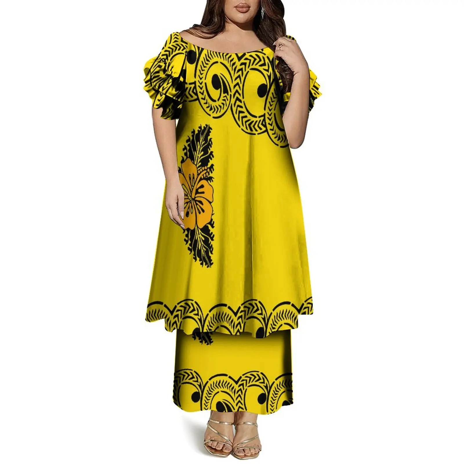 Summer Puletasi Round-Neck Butterfly-Sleeve Double-Layer Dress Set Custom-Made Loose Casual Dress For Polynesian Ladies