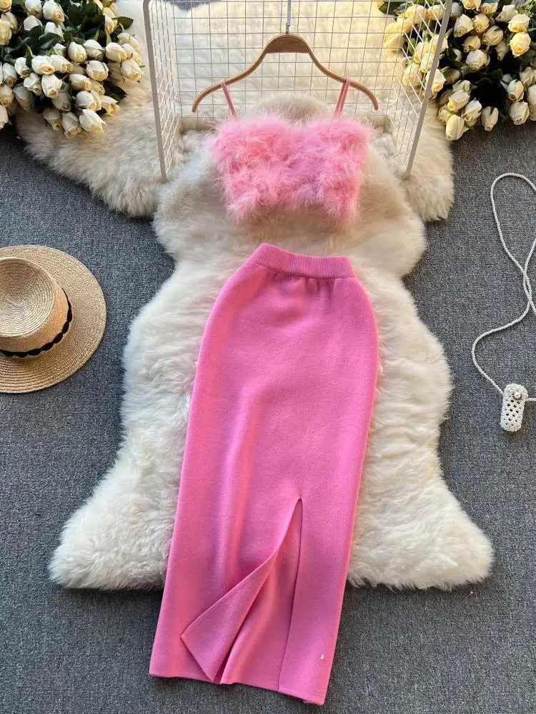 Tops cortos de felpa sin mangas para mujer, conjuntos de falda dividida de cintura alta elástica negra, conjuntos de dos piezas grises, rosa y Sexy, primavera y verano